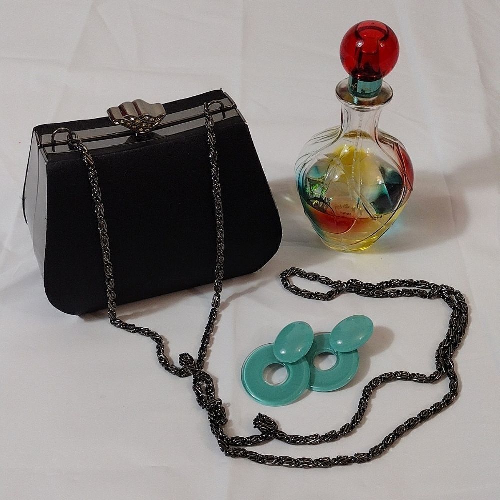 VTG Jessica McClintock Black Satin Metal Top Mini Crossbody Clutch